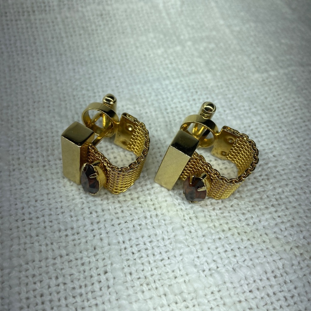 Gold Tone Metal Mesh Cuff Links with Amber Colored Inset